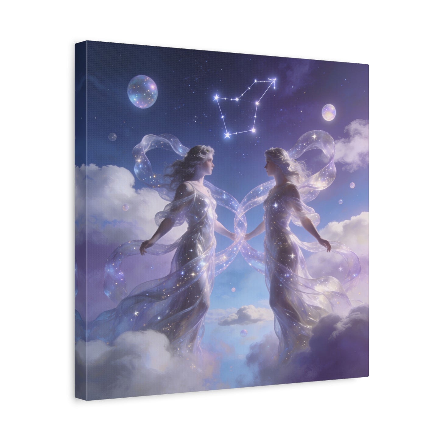 Gemini Zodiac Canvas Wall Art - Celestial Twin Women Under Constellation, Dreamy Fantasy Sky Scene - Matte Cotton Art Print - Bedroom Wall Decor, Meditation Space Accent - Bedroom Home Decoration