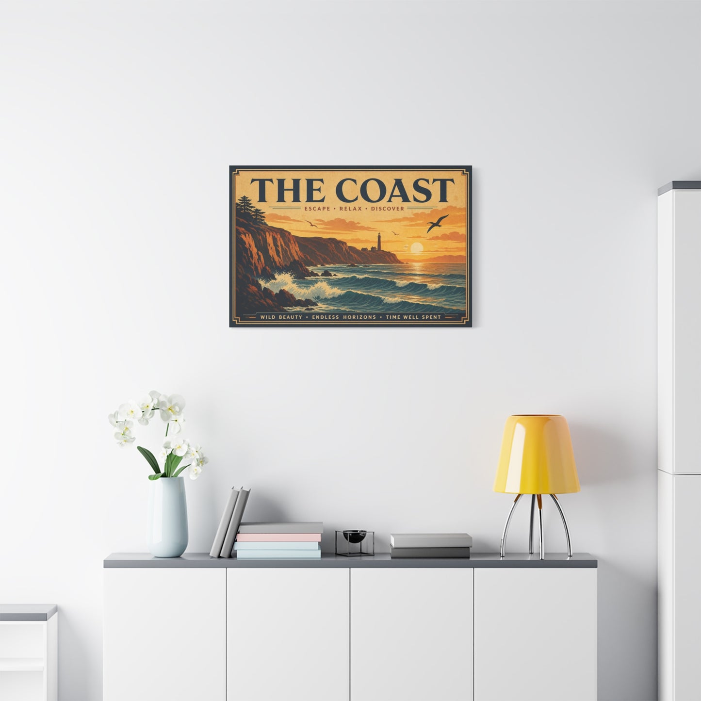 "The Coast" Coastal Canvas Wall Art - Vintage Lighthouse Sunset Ocean Waves Print - Retro Seascape Home Decor, Nautical Living Room Wall Decor - Modern Farmhouse Style - Bedroom Home Decoration