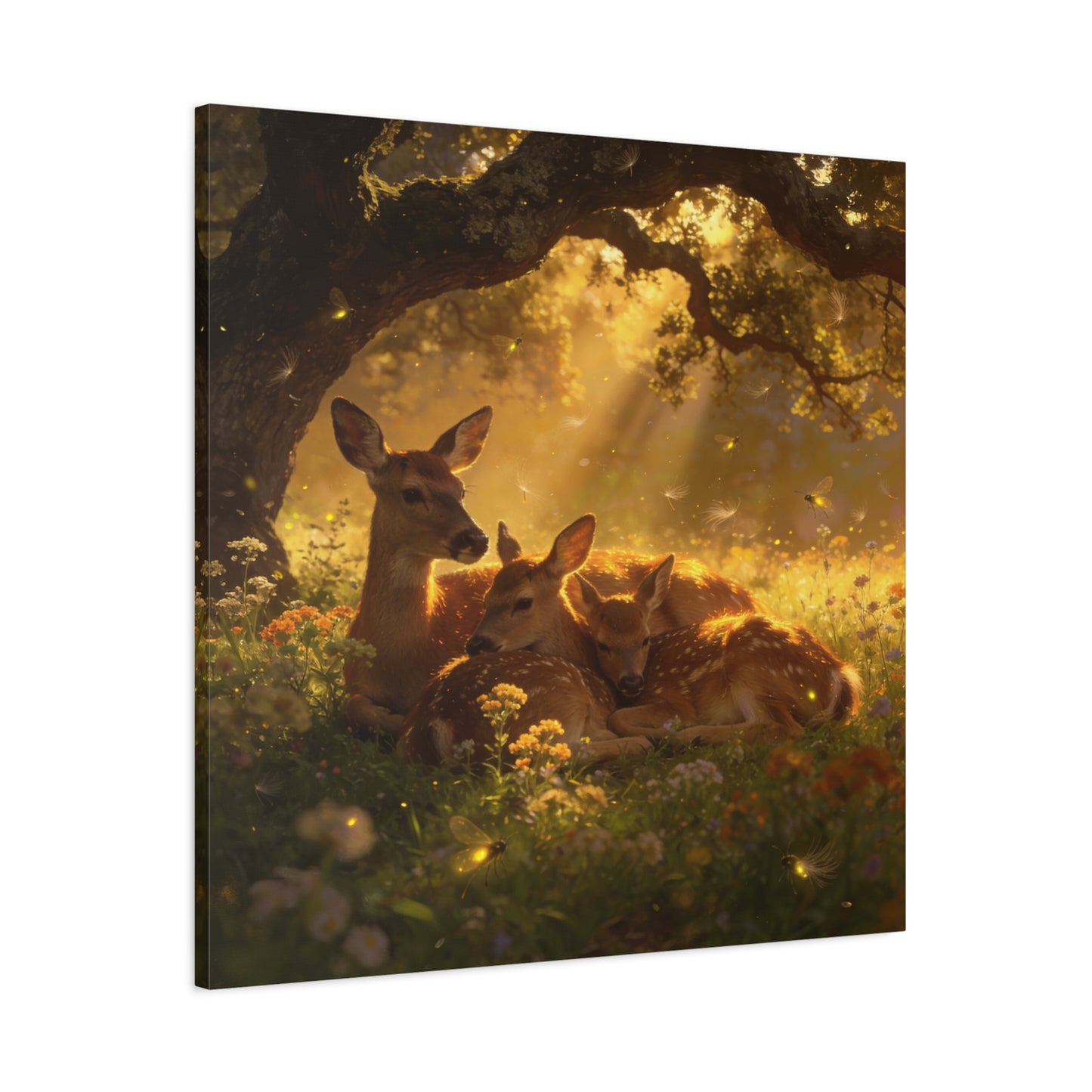 Doe And Fawns Canvas Wall Art - Woodland Deer Family In Golden Light, Whimsical Nature Scene - Matte Finish Cotton Print - Rustic Traditional Style - Bedroom Wall Decor - Bedroom Home Decoration