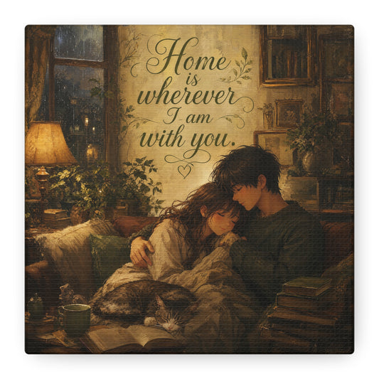 "Home Is Wherever I Am With You." Couple Canvas Wall Art - Romantic Cozy Reading Nook Quote Print - Vintage Warm Lamplight Style - Living Room Wall Decor, Bedroom Home Decoration - Ready to Hang
