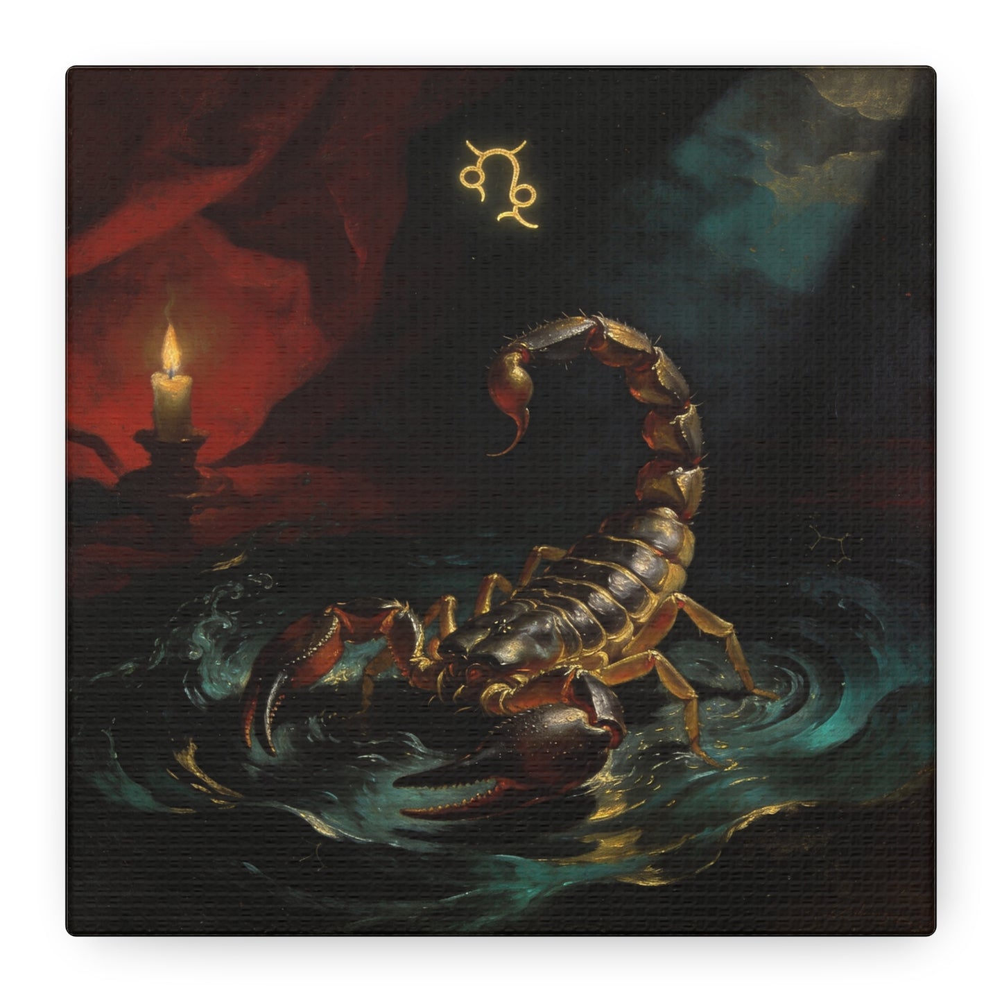 Scorpion Zodiac Canvas Wall Decor - Candlelit Astrology Painting, Dark Vintage Gothic Print - Matte Cotton Canvas, Mysterious Maximalist Style - Bedroom Decoration, Study Accent - Office Wall Art
