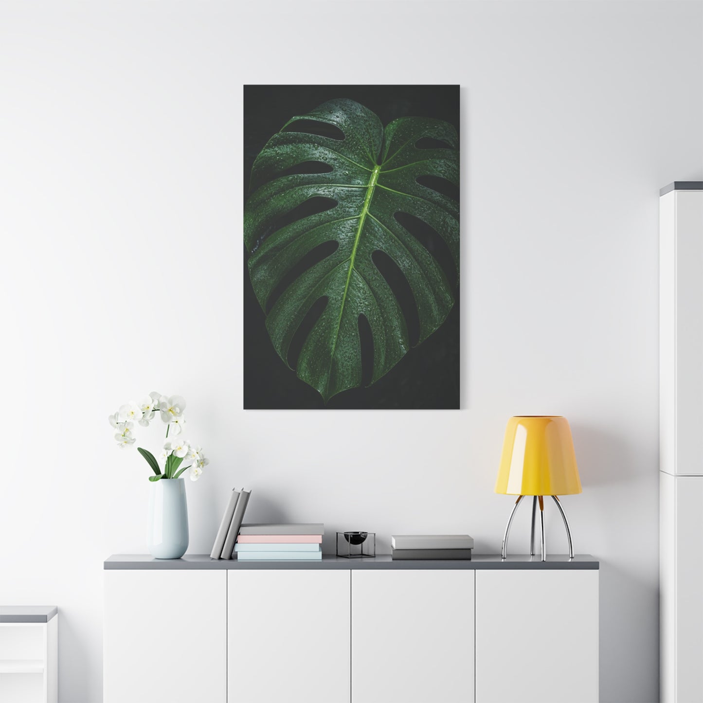 Monstera Leaf Canvas Wall Art - Botanical Art Print, Dark Green Tropical Foliage Print - Matte Cotton Canvas - Contemporary Minimalist Style - Living Room Wall Decor, Bedroom Home Accent