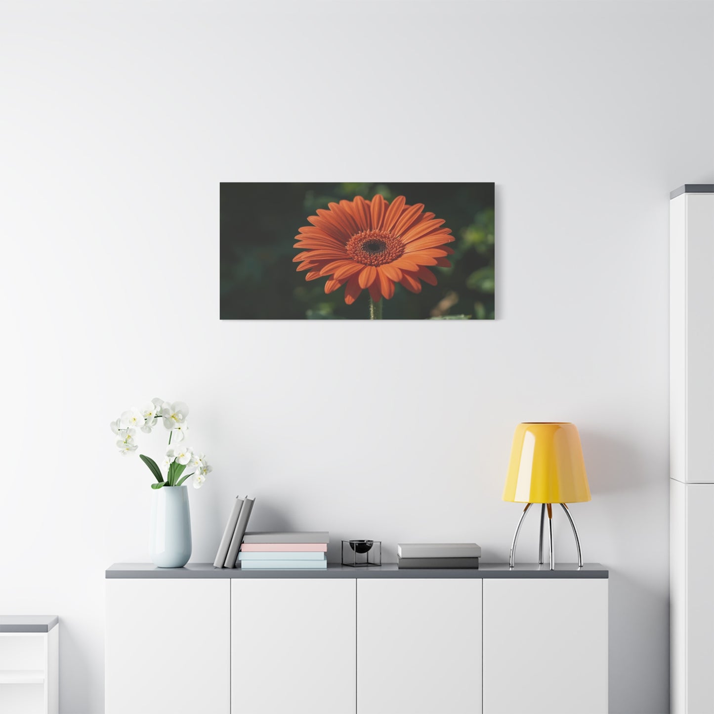 Orange Gerbera Daisy Canvas Wall Art - Botanical Floral Art Print, Dark Green Background - Matte Cotton Decor - Bedroom Wall Hanging, Living Room Home Accent - Bedroom Home Decoration