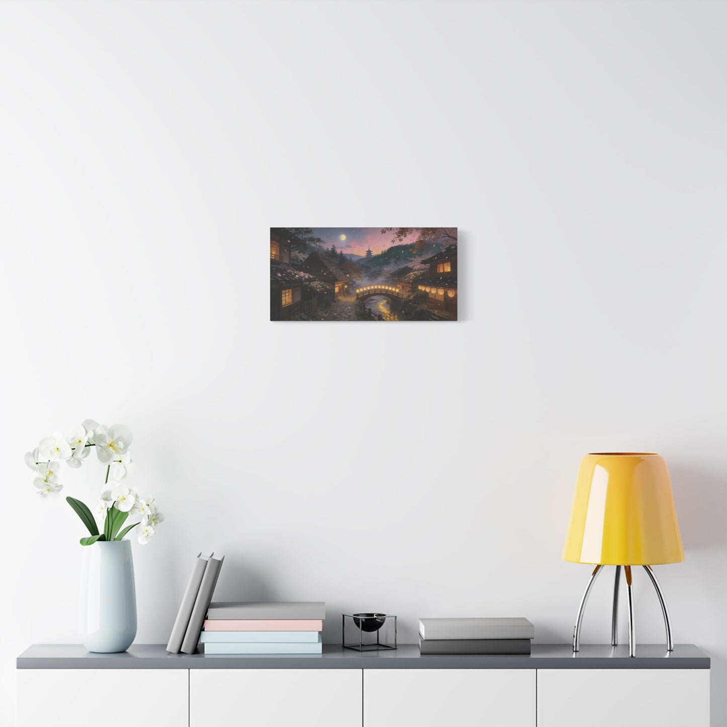 Japanese Village Moonlit Canvas Wall Art - Lantern Bridge, Cherry Blossom Petals, Pagoda Landscape - Matte Cotton Print - Traditional Style, Living Room Wall Decor, Bedroom Decoration - Ready to Hang