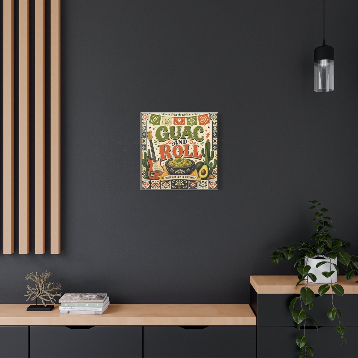 "Guac And Roll" Typography Canvas Wall Art - Fiesta Guitar, Cactus, Avocado Folk Illustration - Bohemian Rustic Style - Kitchen Wall Decor, Dining Room Accent, Cafe Wall Decor - Modern Farmhouse Style