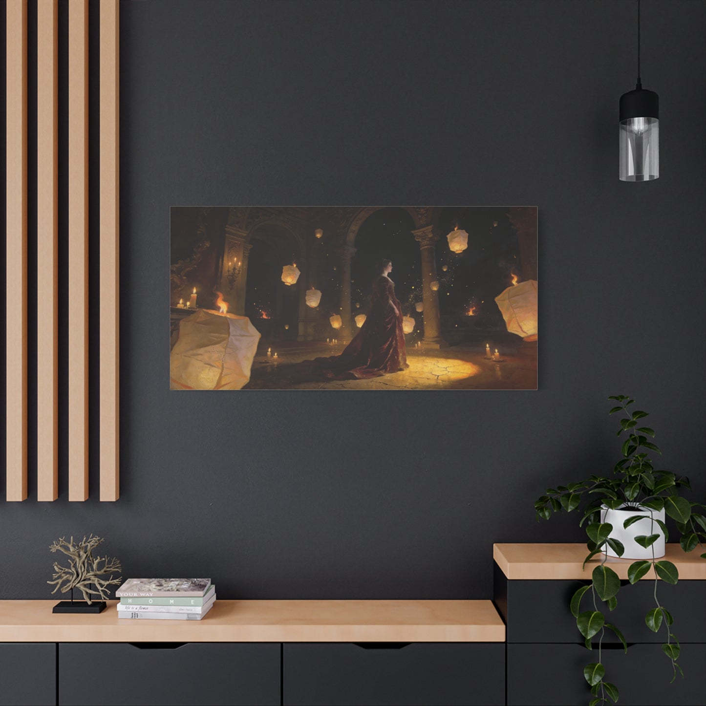 Woman In Candlelit Palace Canvas Wall Art - Floating Lantern Fantasy Scene, Dark Romantic Matte Canvas Print - Traditional Style, Living Room Wall Decor, Bedroom Home Accent - Bedroom Home Decoration