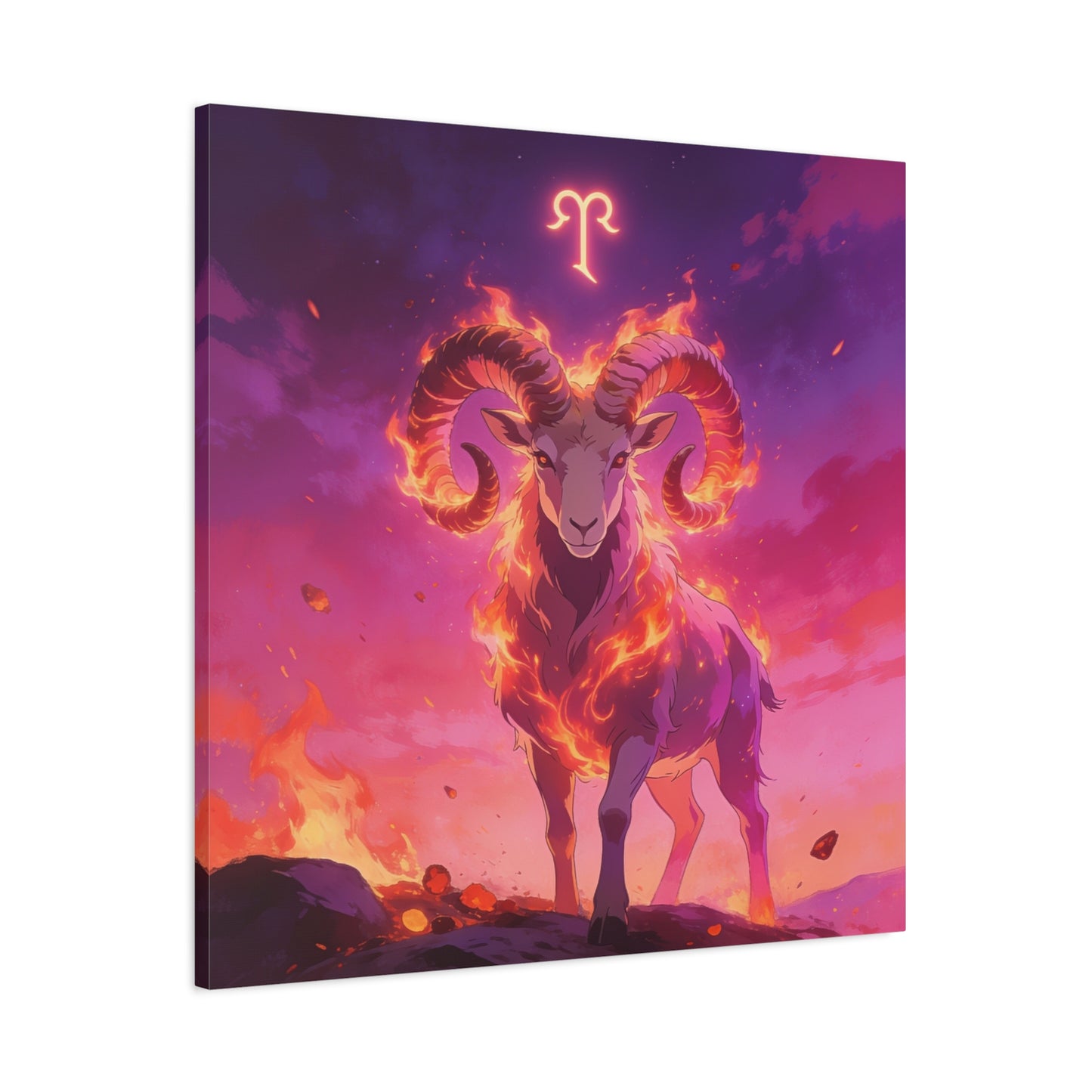 Aries Ram Canvas Wall Art - Fiery Zodiac Illustration, Purple Pink Flame Sky, Matte Canvas Print, Modern Fantasy Style, Bedroom Wall Decor, Home Office Accent, Statement Piece For Astrology Lovers