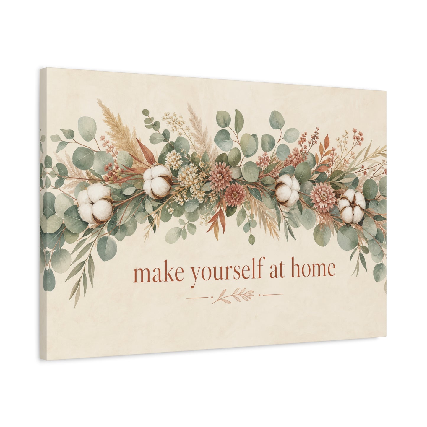 "Make Yourself At Home" Botanical Canvas Wall Art - Eucalyptus Cotton Stem Floral Quote Print - Rustic Farmhouse Style - Living Room Wall Decor - Modern Farmhouse Style - Bedroom Home Decoration