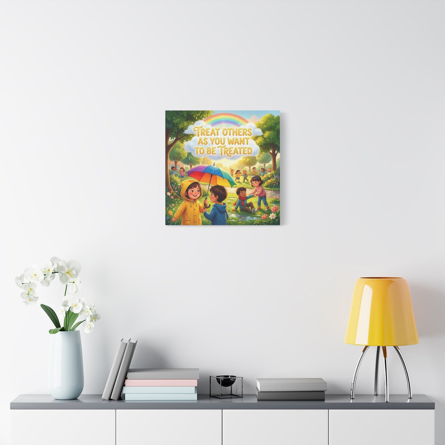 "Treat Others As You Want To Be Treated" Kids Canvas Wall Art - Rainbow Umbrella Kindness Quote Print - Colorful Classroom Decor - Nursery Playroom Bedroom Home Decoration - Bohemian Wall Hanging