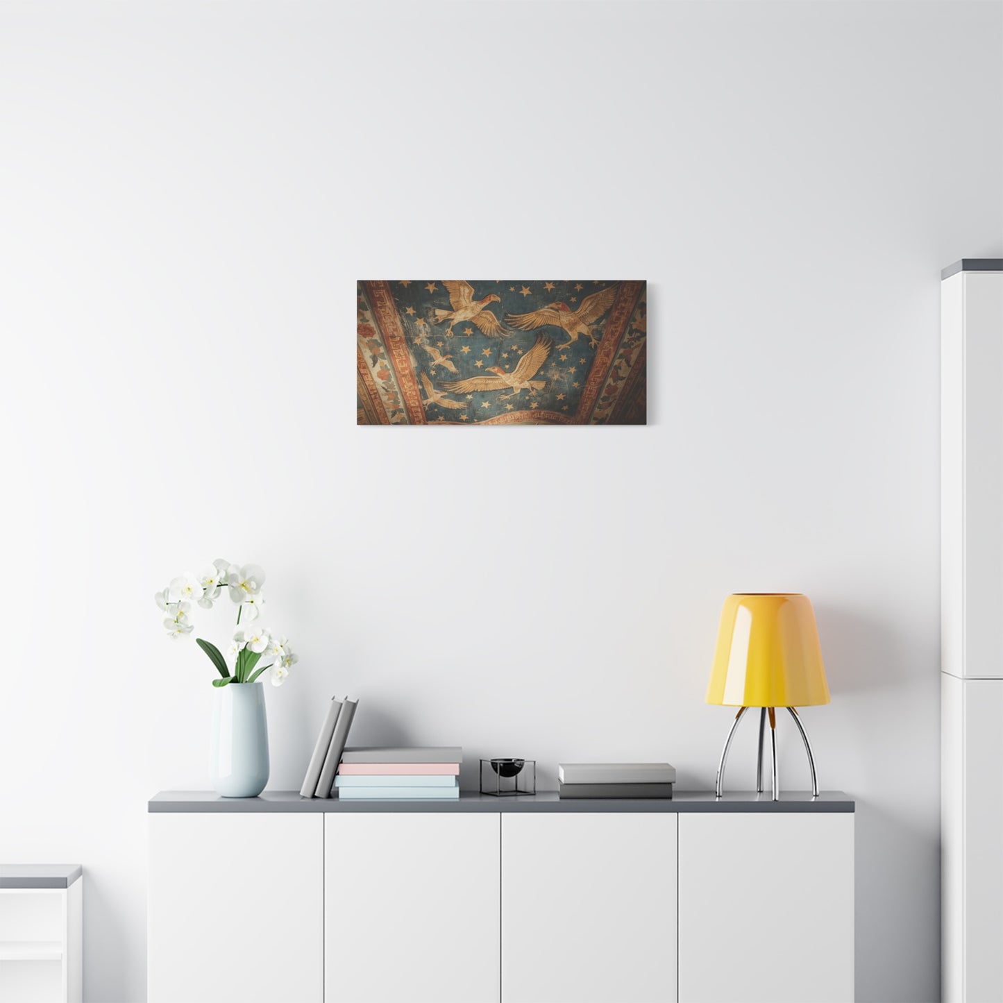 Ancient Eagle Ceiling Fresco Canvas Wall Art - Starry Bird Mural Print, Classical Blue And Gold Illustration - Vintage Traditional Style - Living Room Wall Decor Office Art - Bedroom Home Decoration