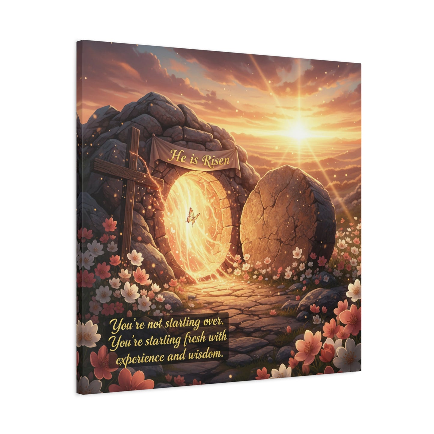"He Is Risen" Christian Canvas Wall Art - Empty Tomb Cross Sunrise Scripture Print - Floral Faith Home Decoration - Modern Farmhouse Style