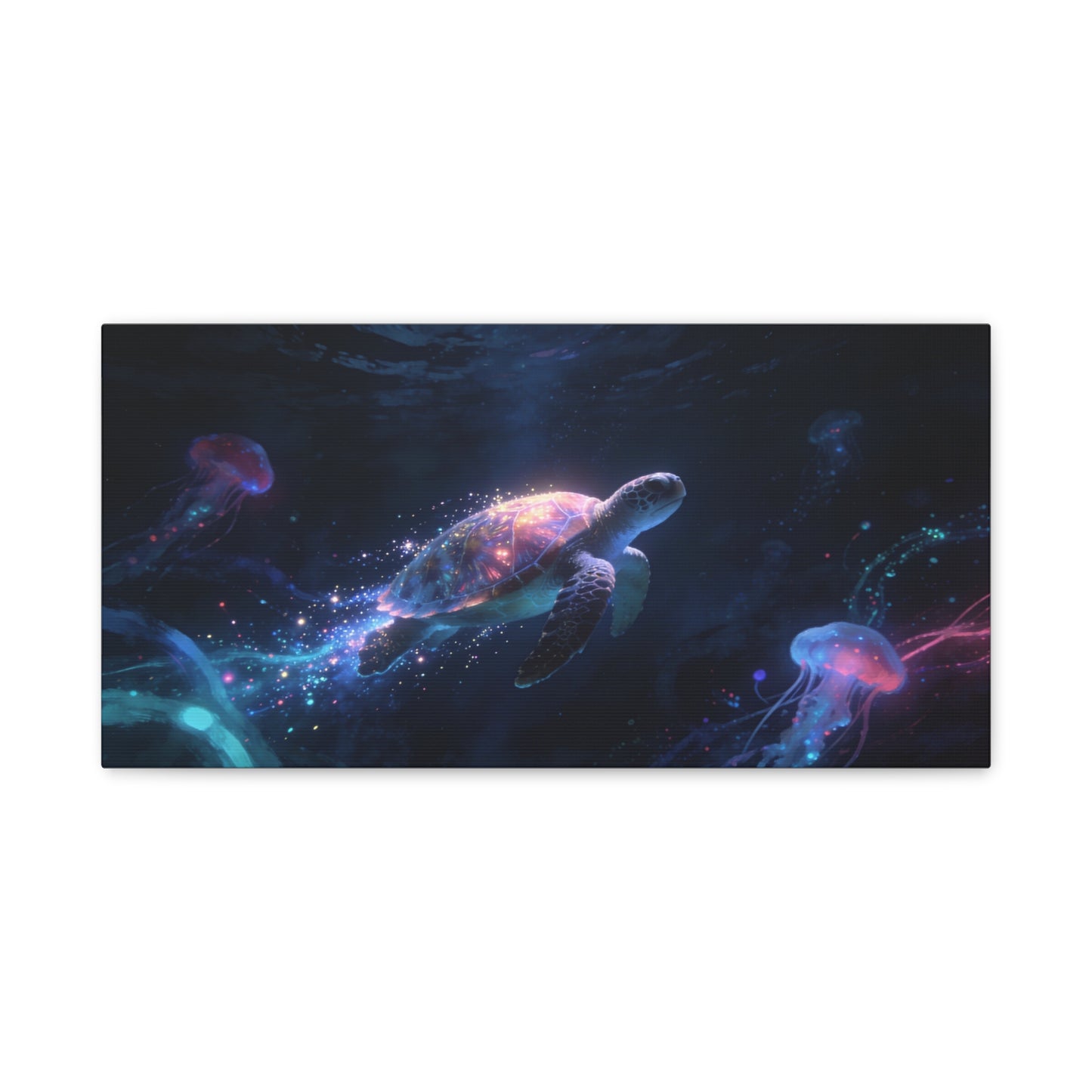 Sea Turtle Canvas Wall Art - Glowing Underwater Jellyfish Ocean Scene, Fantasy Marine Canvas Print - Contemporary Blue Seascape - Living Room Wall Decor, Bedroom Home Accent - Bedroom Home Decoration