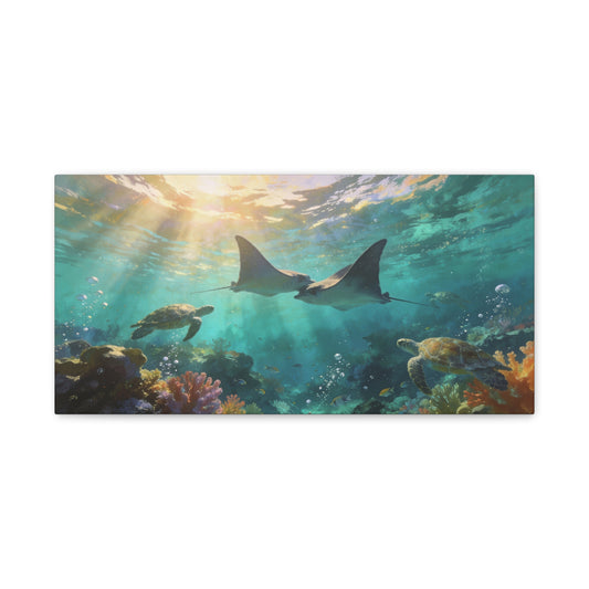 Manta Ray And Sea Turtle Canvas Wall Art - Underwater Ocean Reef Scene, Coastal Wall Decor - Matte Cotton Canvas Print - Contemporary Seascape Style - Living Room Bedroom Office - Ready to Hang