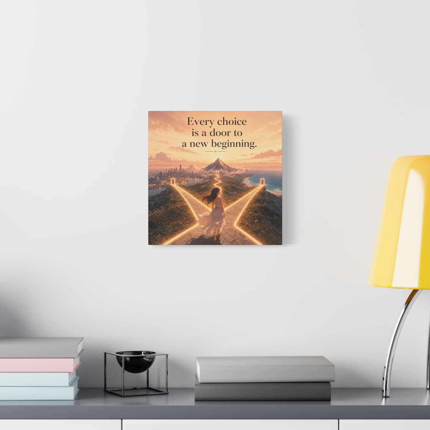 "Every Choice Is A Door To A New Beginning." Inspirational Canvas Wall Art - Woman At Glowing Crossroads Path, Mountain And Coast Dreamscape - Modern Typography Decor For Bedroom Office