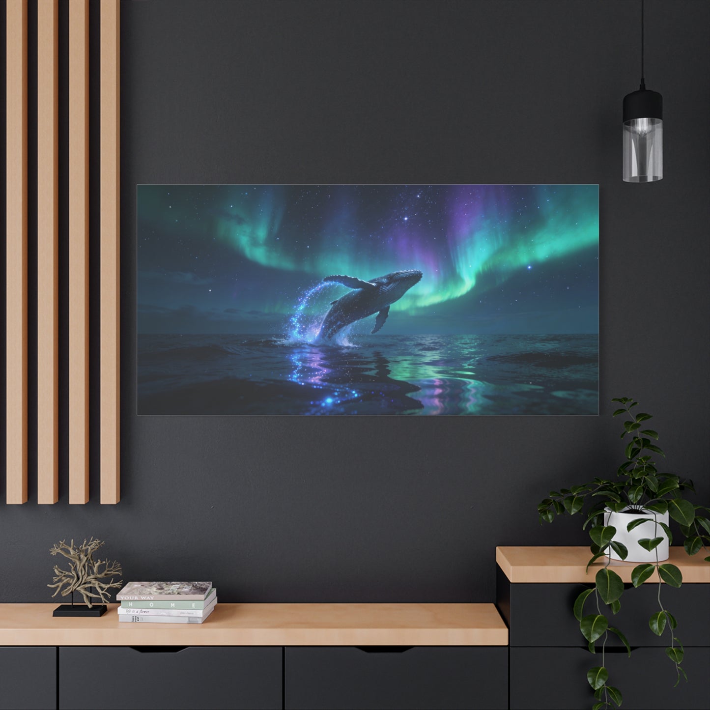 Humpback Whale Canvas Wall Art - Aurora Borealis Ocean Night Scene, Celestial Wildlife Canvas Print - Contemporary Fantasy Style - Living Room Wall Decor, Bedroom Home Accent - Bedroom Home Decoration