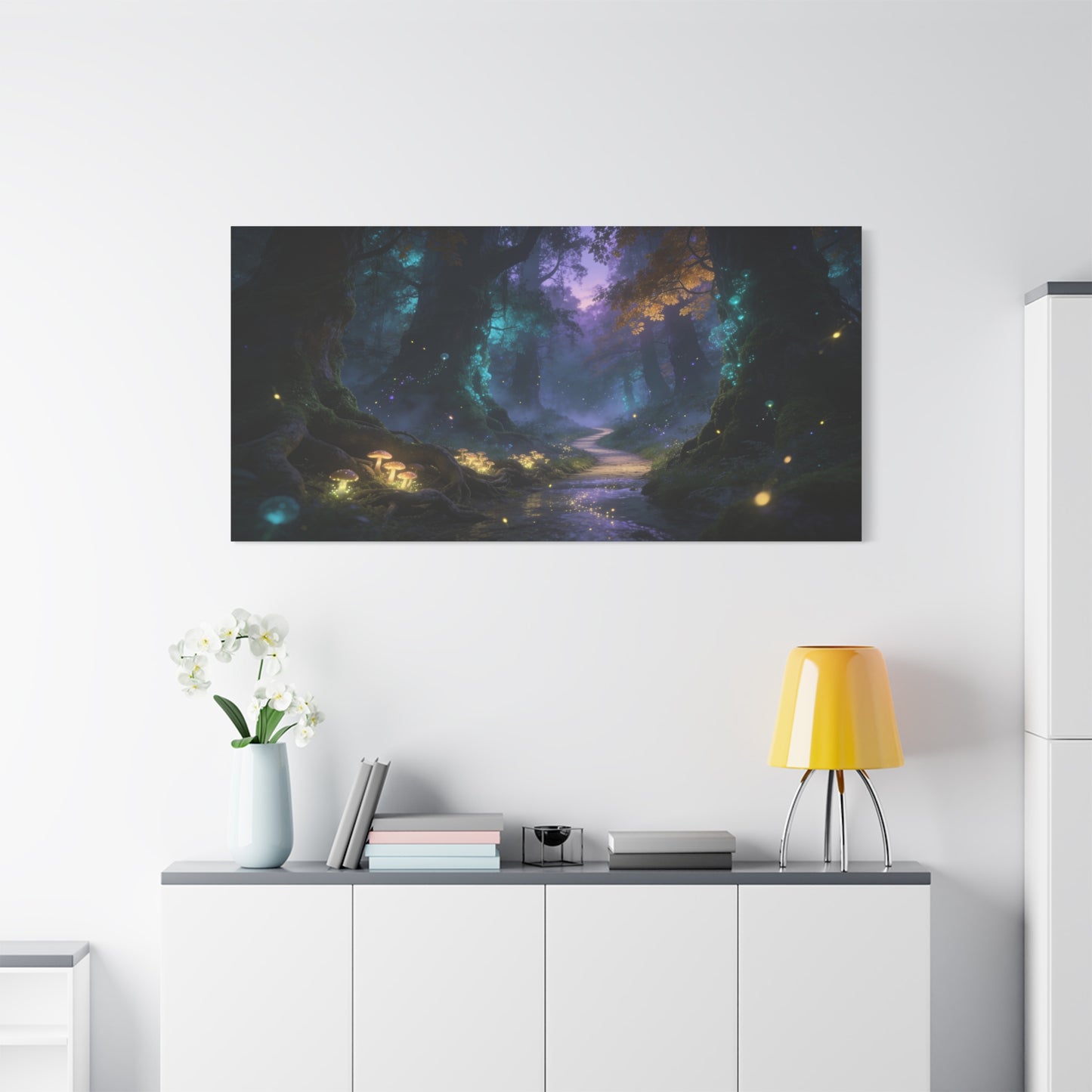 Enchanted Forest Canvas Wall Art - Glowing Mushrooms, Moonlit Woodland Path - Dreamy Fantasy Landscape - Matte Cotton Canvas Print - Living Room Wall Decor, Bedroom Home Decoration - Ready to Hang