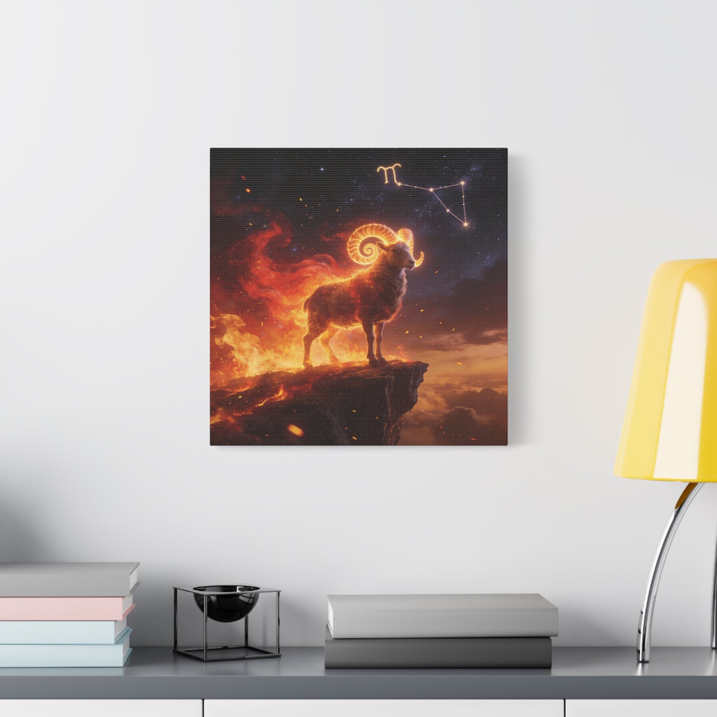 Aries Ram Canvas Wall Art - Fiery Zodiac Constellation Celestial Animal Print - Glowing Horns, Cosmic Night Sky - Contemporary Fantasy Style - Bedroom Home Decoration Office Wall Art - Ready to Hang