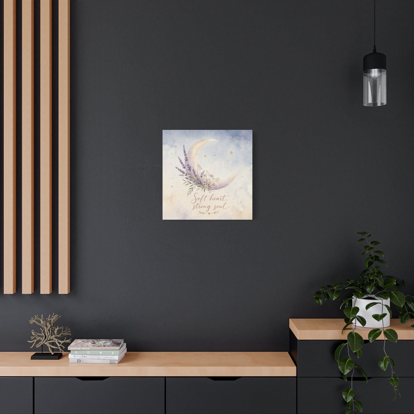 "Soft Heart, Strong Soul" Moon Canvas Wall Art - Lavender Floral Celestial Quote Print - Watercolor Nursery Bedroom Decor - Bohemian Home Decoration - Office Wall Art - Bedroom Home Decoration