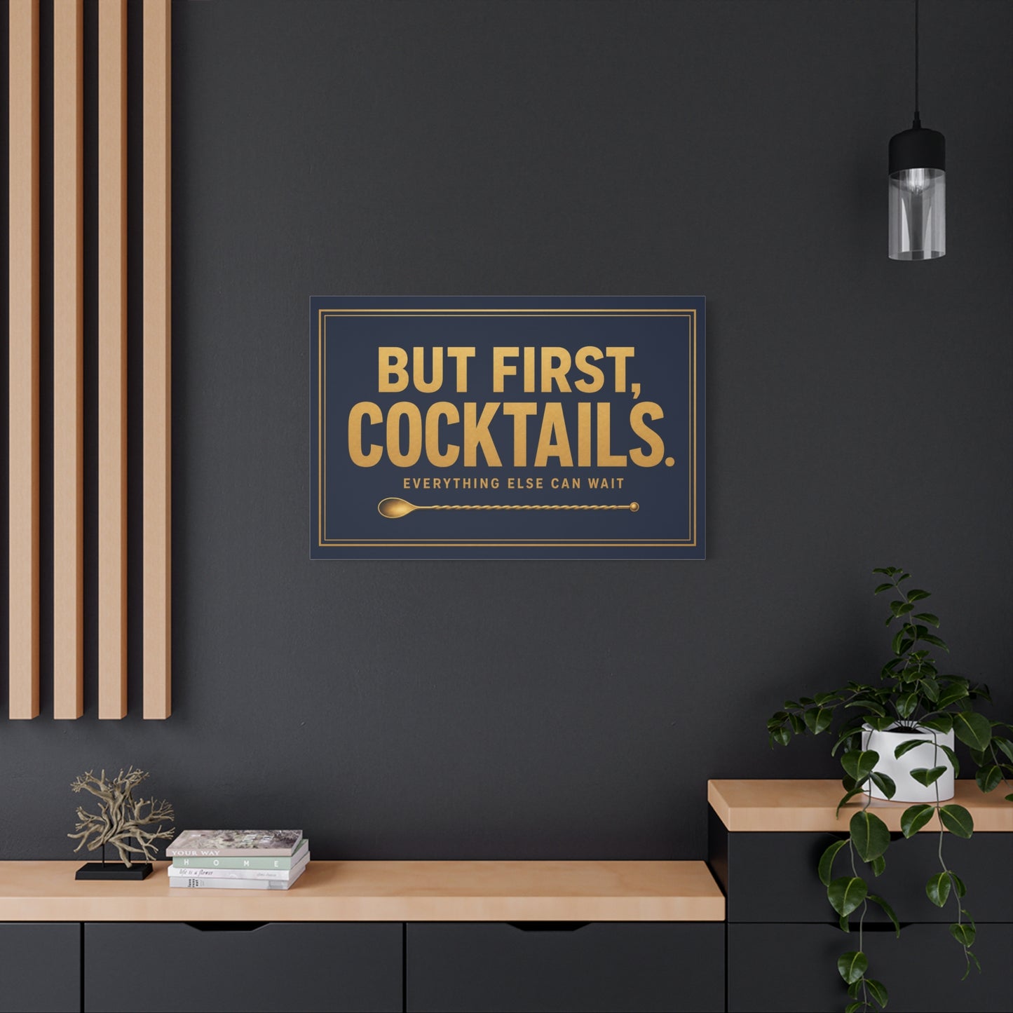 "But First, Cocktails. Everything Else Can Wait" Canvas Wall Art - Navy And Gold Typography Bar Decor - Modern Cocktail Lounge Print - Ready to Hang