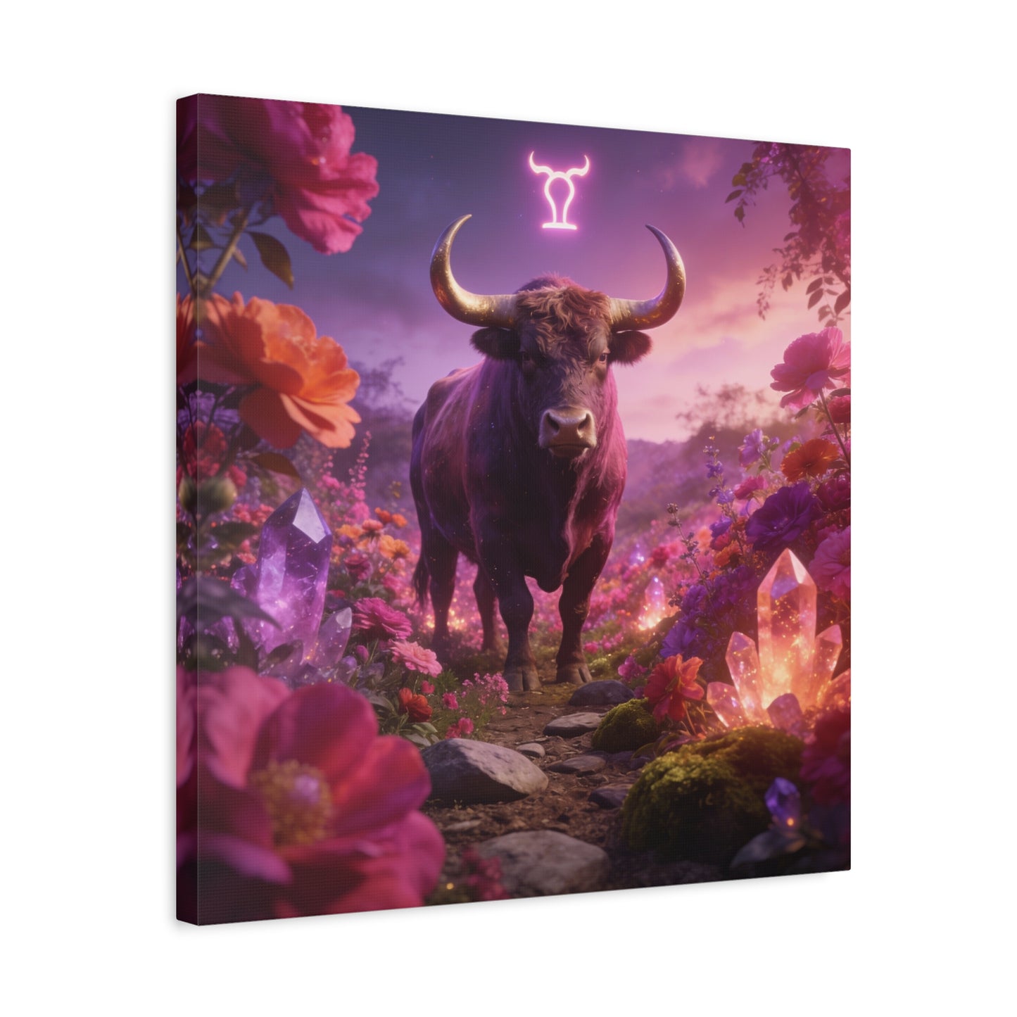 Taurus Zodiac Bull Canvas Wall Art - Neon Taurus Symbol, Floral Crystal Fantasy Print - Dreamy Purple Pink Celestial Decor - Bedroom Home Decoration, Bohemian Living Room Accent - Office Wall Art