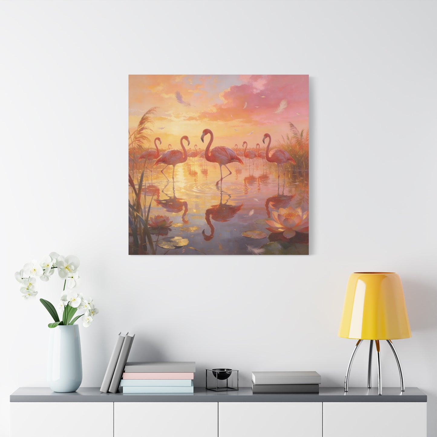 Pink Flamingo Canvas Wall Art - Sunset Wetland Birds, Lotus Pond Reflections - Dreamy Tropical Illustration, Matte Canvas Print - Living Room Wall Decor, Bedroom Home Decoration - Ready to Hang