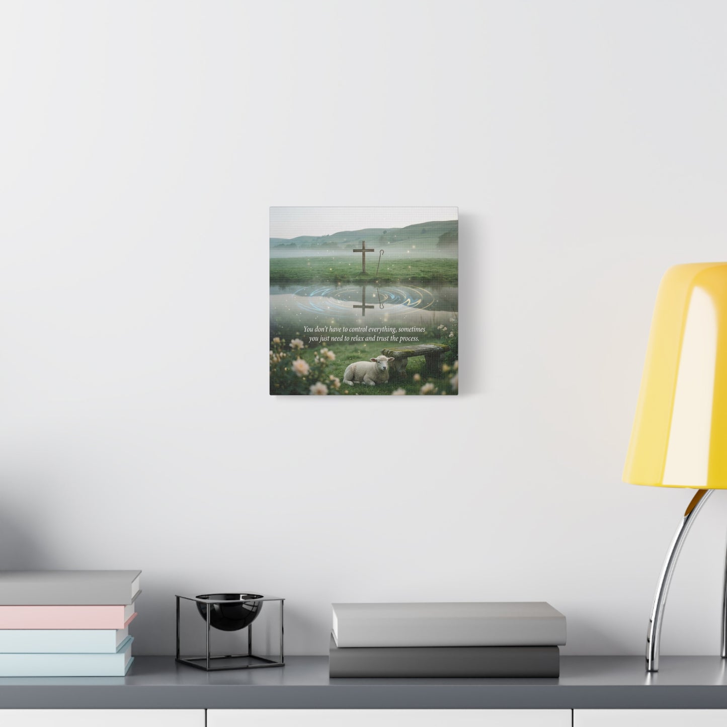 "You Don’t Have To Control Everything, Sometimes You Just Need To Relax And Trust The Process" Canvas Wall Art - Christian Cross, Lamb Meadow Scene - Inspirational Farmhouse Decor - Office Wall Art