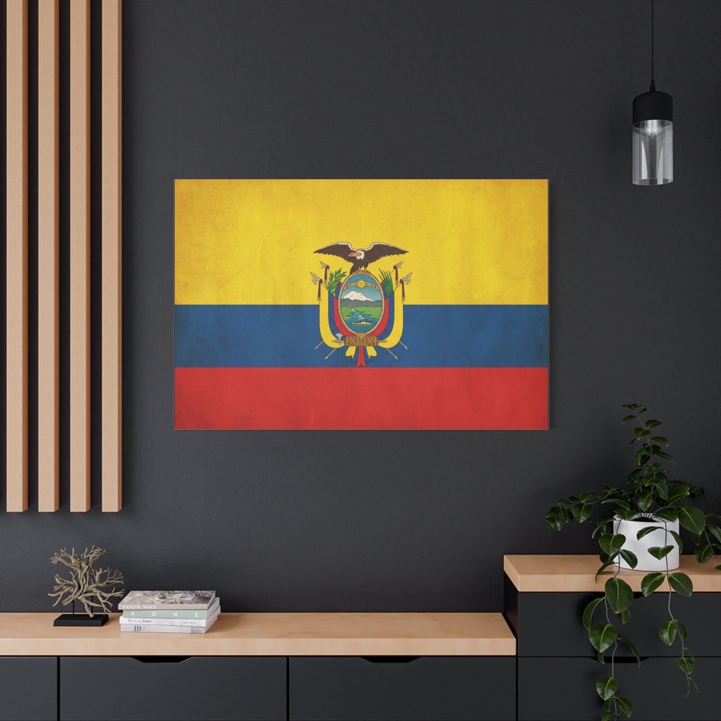 Ecuador Flag Canvas Wall Art - Vintage National Banner Print, Yellow Blue Red Tricolor With Coat Of Arms - Traditional Patriotic Decor - Living Room Home Decoration, Office Accent - Office Wall Art
