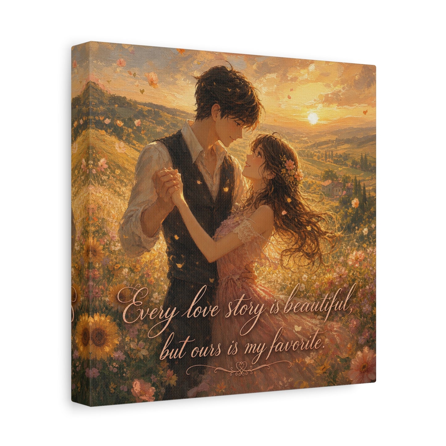"Every Love Story Is Beautiful, But Ours Is My Favorite" Romantic Couple Canvas Wall Art - Golden Sunset Wildflower Field - Dreamy Rustic Style - Bedroom Wall Decor - Ready to Hang - Ready to Hang