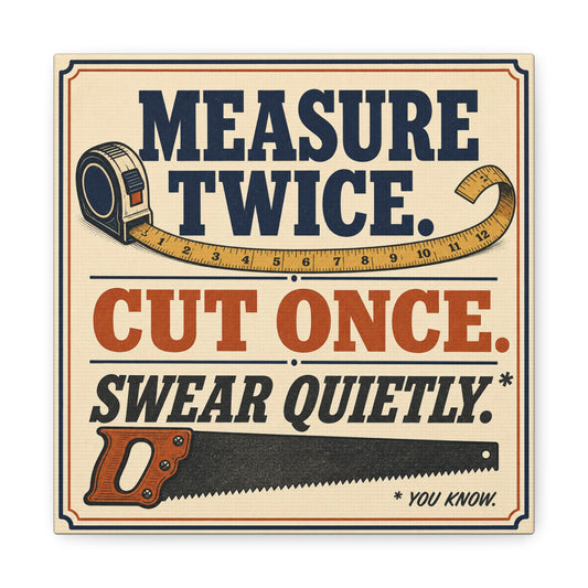 "Measure Twice. Cut Once. Swear Quietly. You Know." Funny Workshop Canvas Wall Art - Vintage Carpenter Quote Print, Rustic Garage Decor, Woodshop Wall Hanging - Bedroom Home Decoration - Ready to Hang
