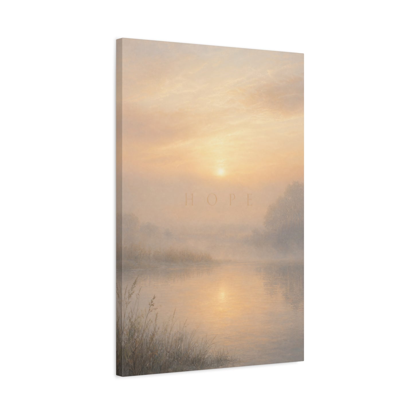 "Hope" Misty Sunrise Lake Canvas Wall Art - Serene Landscape Print, Inspirational Bedroom Wall Decor, Soft Neutral Home Decoration, Contemporary Meditation Space Accent - Bedroom Home Decoration