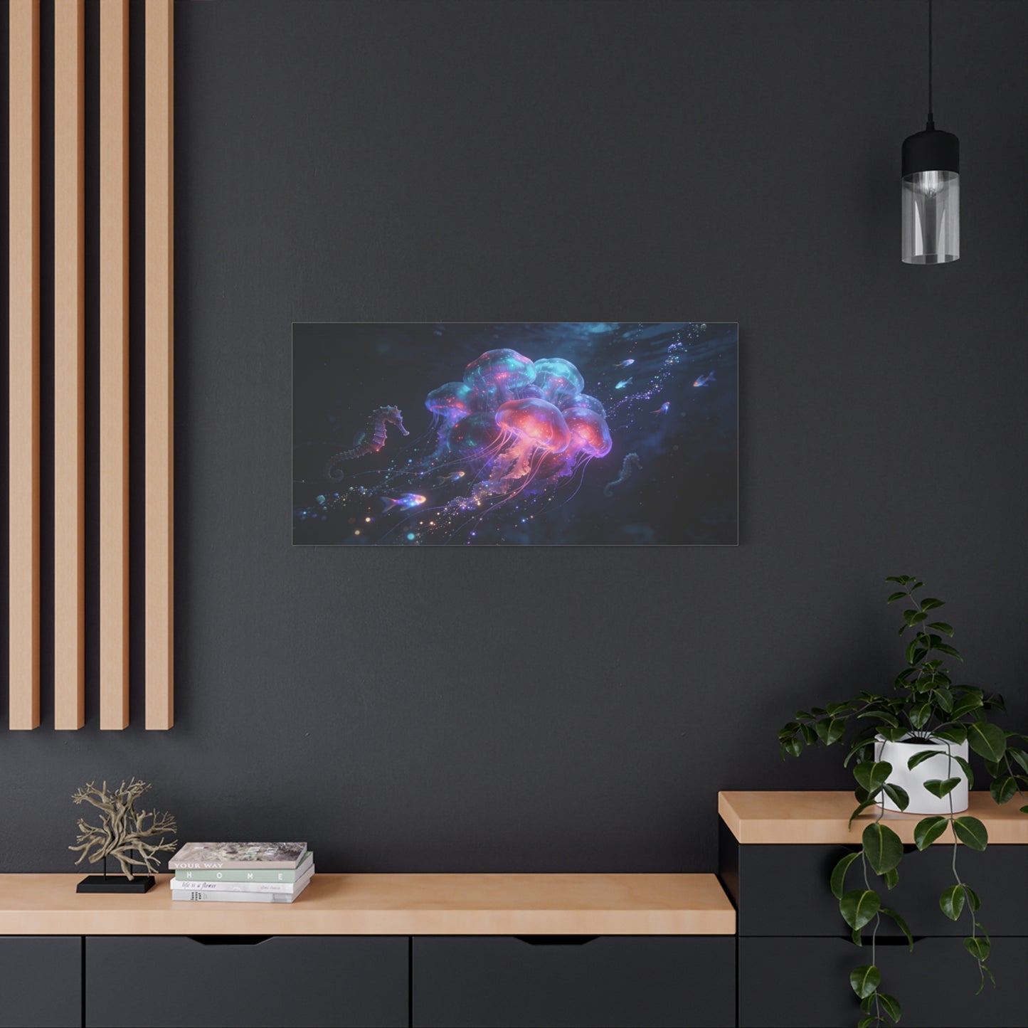 Glowing Jellyfish Canvas Wall Art - Luminous Underwater Sea Life, capiz shells wall decor - Dreamy Ocean Fantasy Cotton Canvas Print - Contemporary Bedroom Living Room Decor - Bedroom Home Decoration