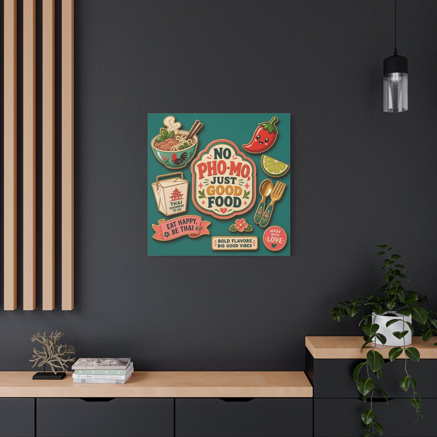 "No Pho-Mo Just Good Food" Canvas Wall Art - Thai Food Quote Kitchen Decor - Colorful Illustration Print, Retro Typography Style - Dining Room Accent, Cafe Wall Decor - Bedroom Home Decoration