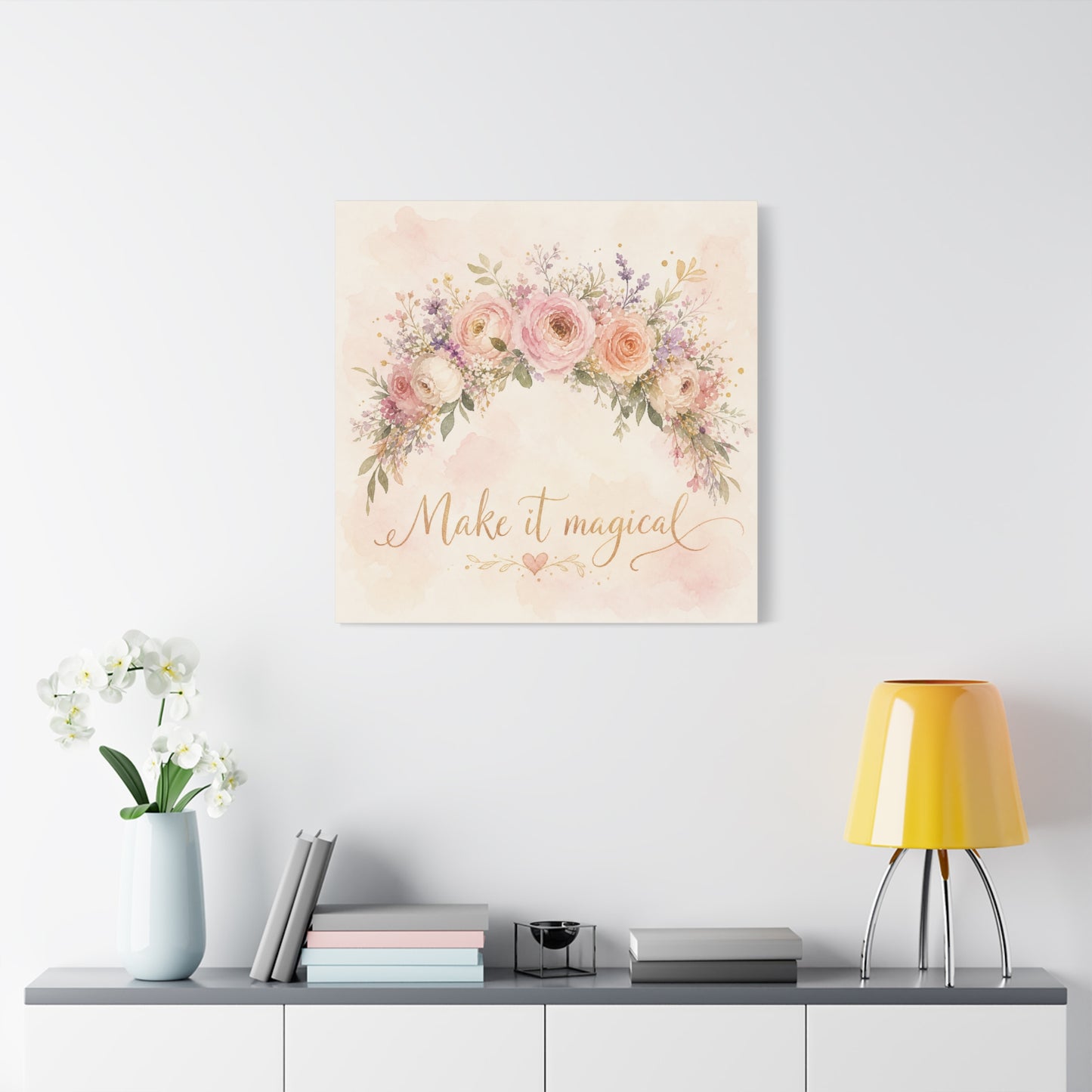 "Make It Magical" Floral Canvas Wall Art - Blush Rose Watercolor Quote Print, Pink Botanical Home Decor, Girls Bedroom Wall Decoration, Nursery Accent, Bohemian Living Room Style - Ready to Hang