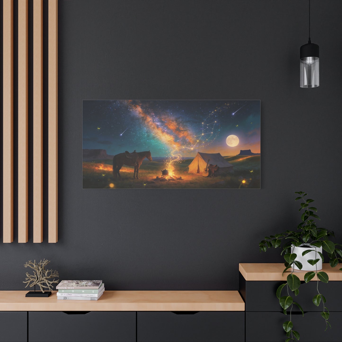 Western Night Sky Canvas Wall Art - Horse, Tent, Campfire And Milky Way Constellation - Dreamy Cosmic Desert Landscape - Modern Home Decor For Living Room, Bedroom, Office - Living Room Wall Decor