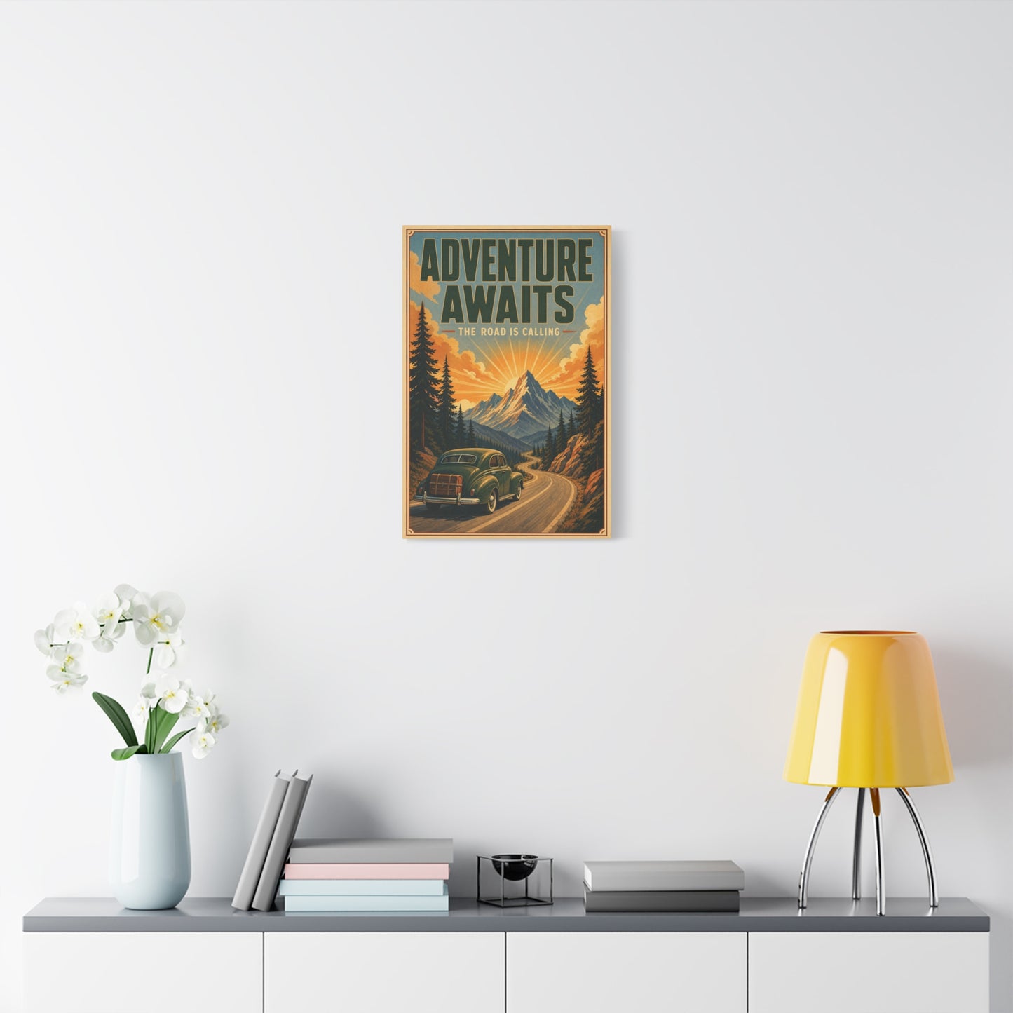 "Adventure Awaits The Road Is Calling" Vintage Travel Canvas Wall Art - Mountain Road Sunrise, Retro Car Poster Print - Adventure Decor, Living Room Wall Decor, Office Art - Bedroom Home Decoration