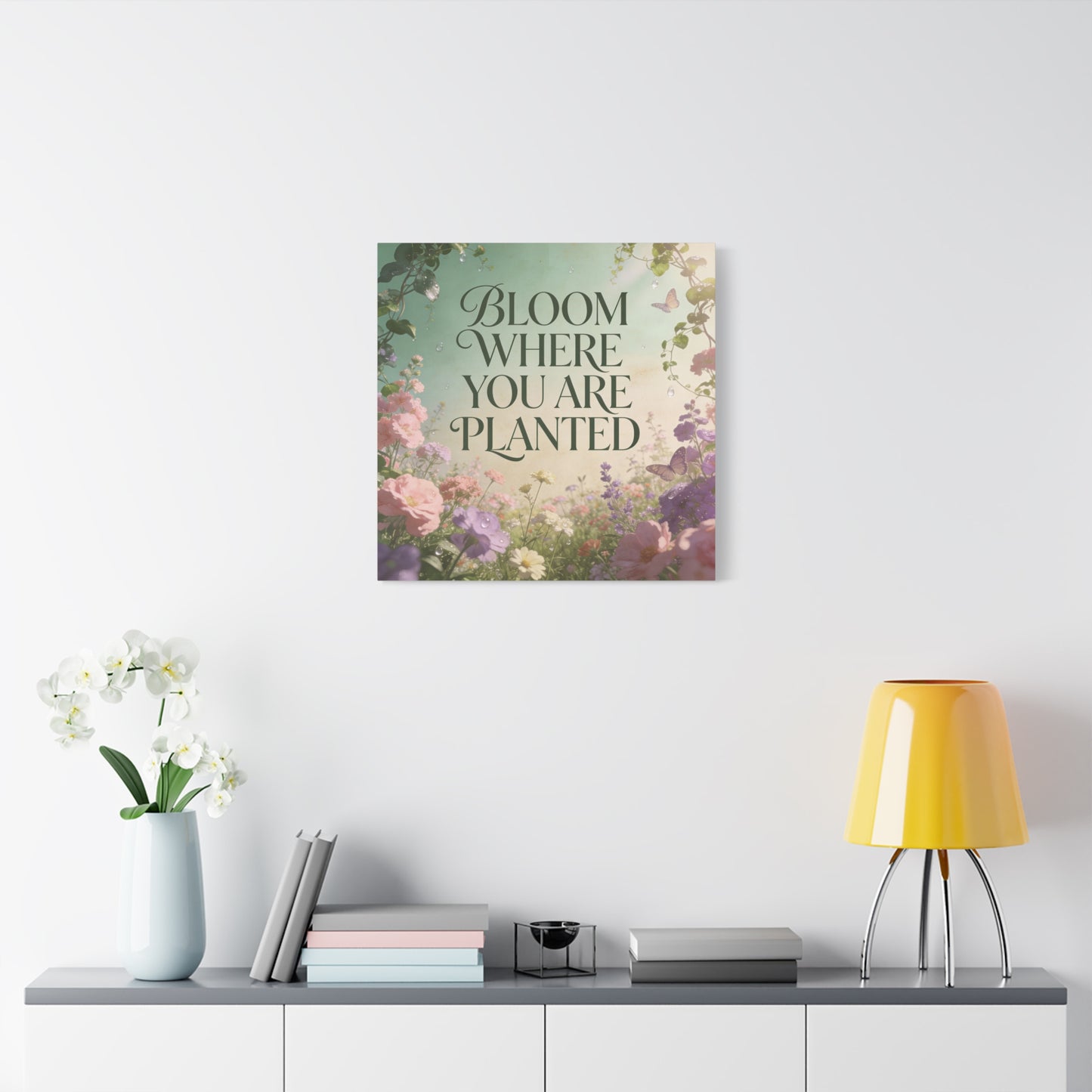 "Bloom Where You Are Planted" Inspirational Canvas Wall Art - Floral Butterfly Quote Print, Pastel Garden Typography Decor, Modern Farmhouse Style, Bedroom Home Decoration - Living Room Wall Decor