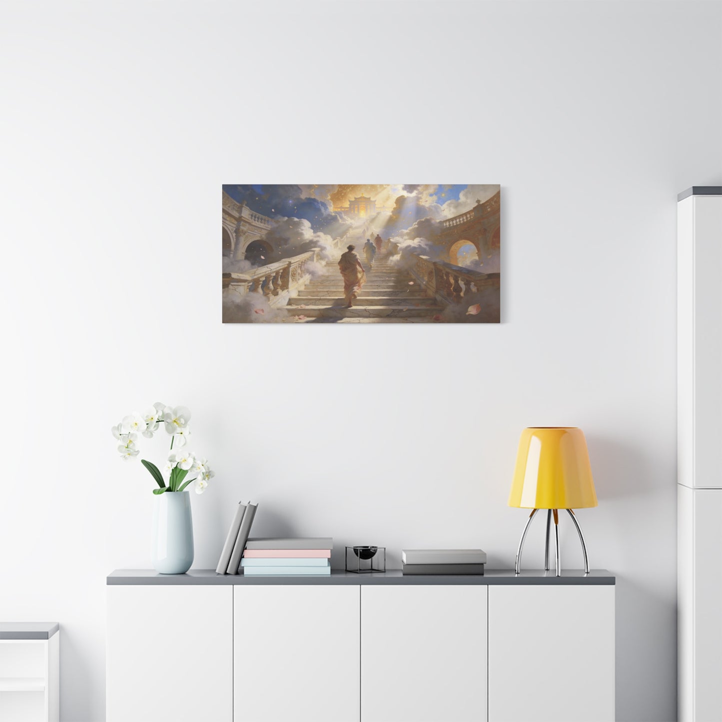 Celestial Stairway Canvas Wall Art - Figures Ascending Through Clouds, Golden Temple Light - Matte Cotton Art Print - Classical Fantasy Style - Living Room Wall Decor, Office Accent - Ready to Hang