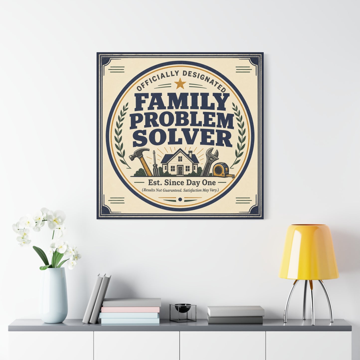 "Officially Designated Family Problem Solver" Canvas Wall Art - Vintage Typography Home Sign, Rustic Farmhouse Style, Humorous Quote Print, Living Room Wall Decor - Ready to Hang - Ready to Hang