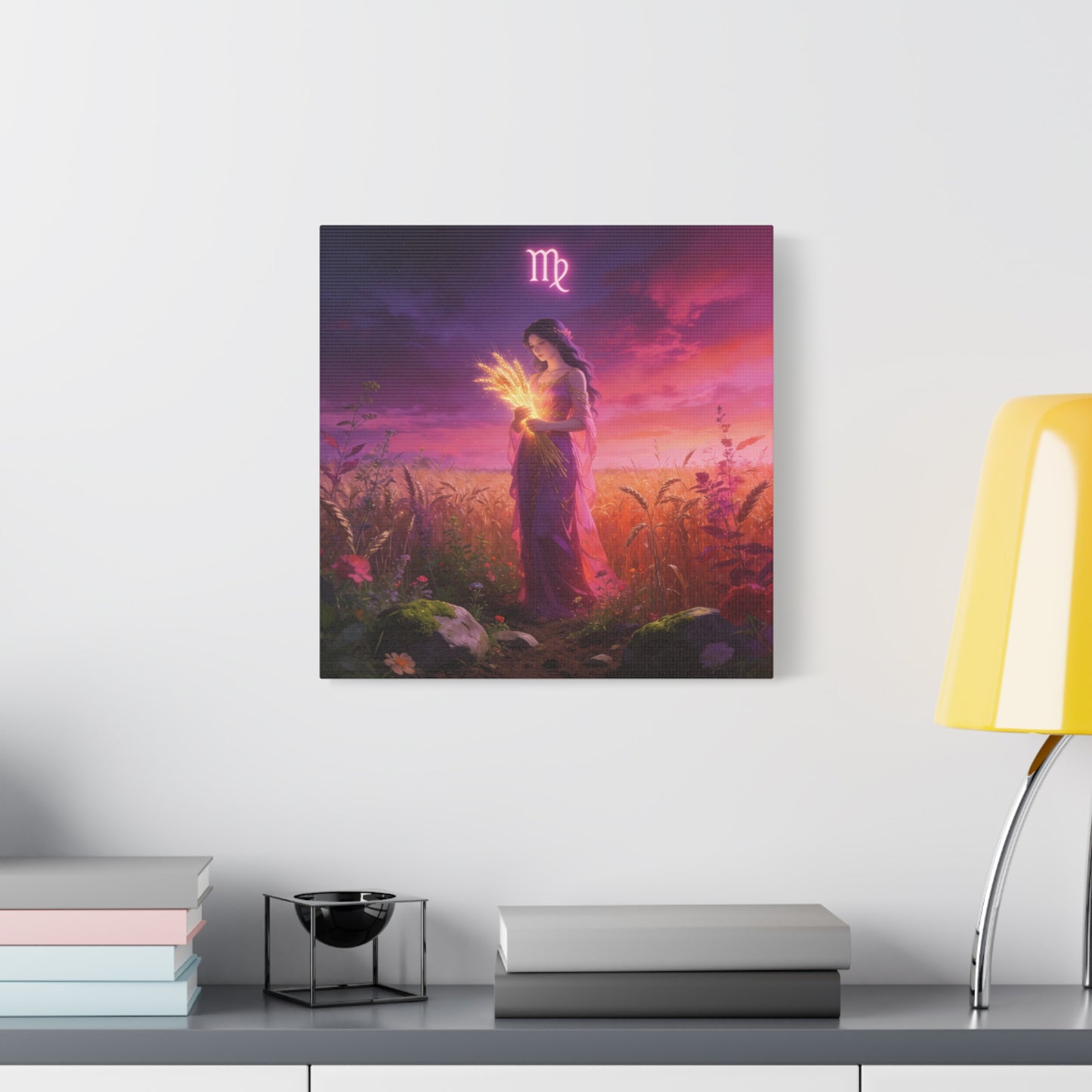 Virgo Zodiac Canvas Wall Art - Maiden Holding Glowing Wheat, Purple Twilight Field - Fantasy Illustration, Matte Canvas Print - Bedroom Wall Decor, Meditation Space Accent - Bedroom Home Decoration