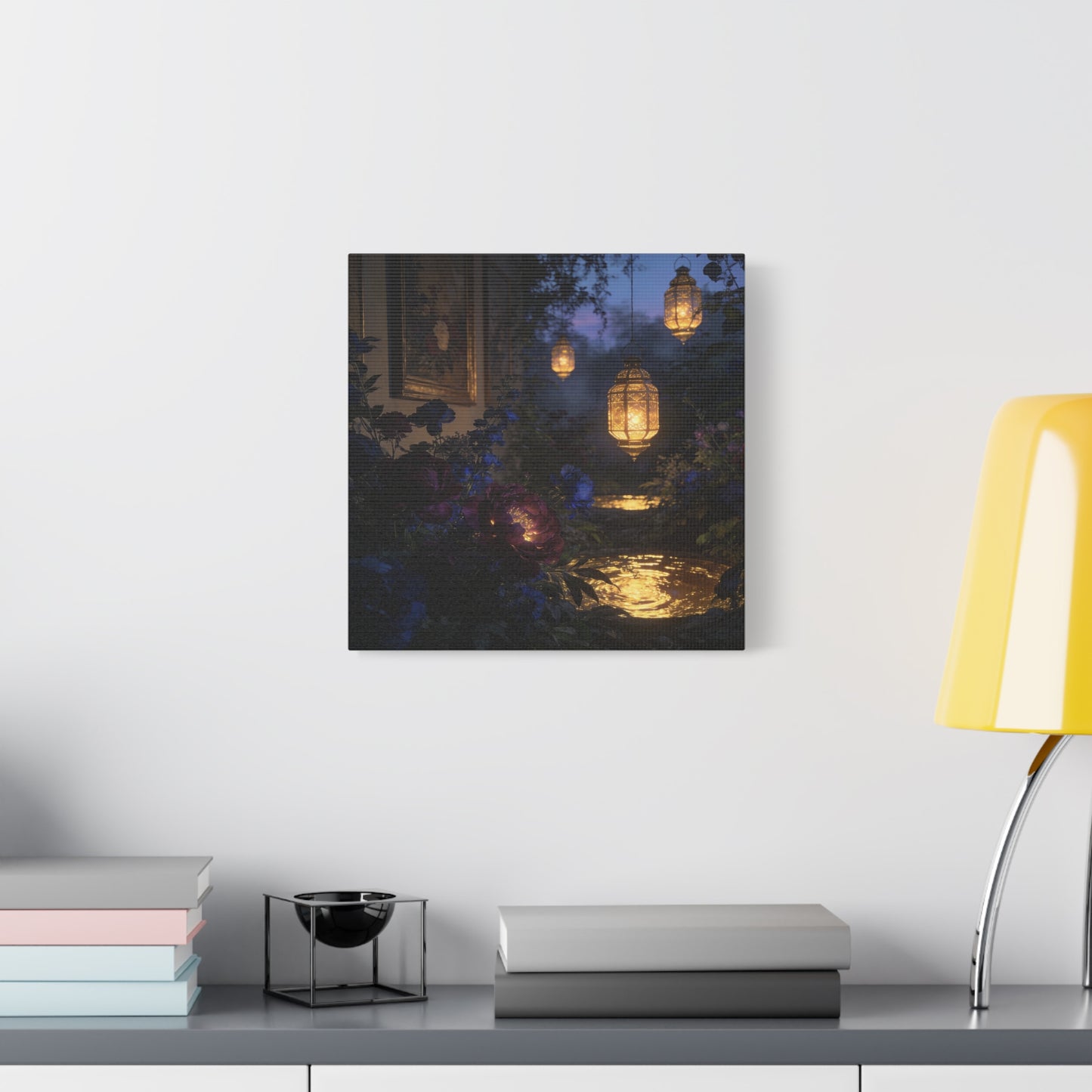 Lantern Garden Canvas Wall Art - Twilight Floral Courtyard, Glowing Water Reflections - Moody Botanical Night Scene, Matte Canvas Print - Bedroom Wall Decor, Living Room Accent - Cozy Reading Nook Art
