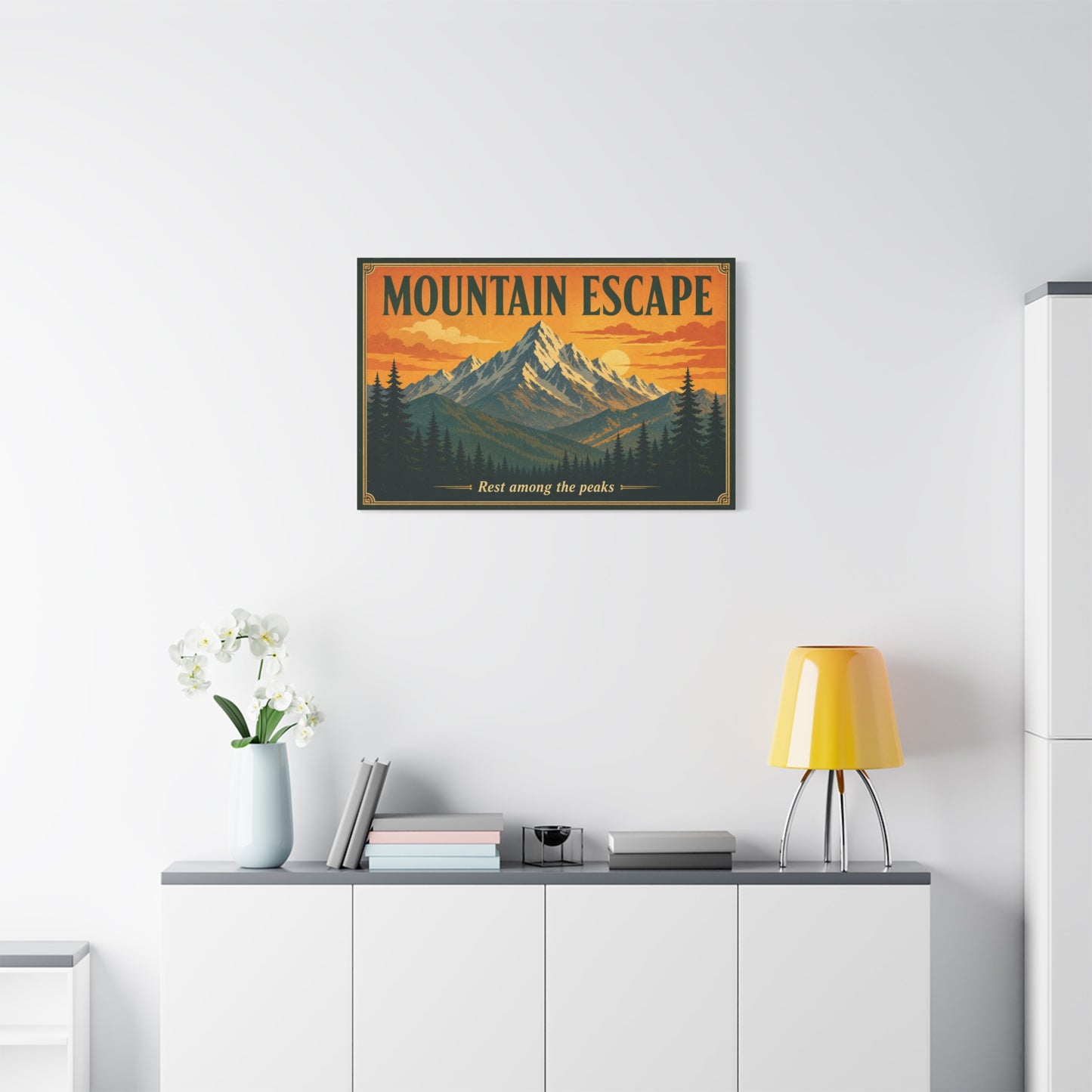 "Mountain Escape" Canvas Wall Art - Vintage Mountain Landscape Print, Sunset Pine Forest Poster Style - "Rest Among The Peaks" - Rustic Cabin Wall Decor, Living Room Home Accent - Ready to Hang