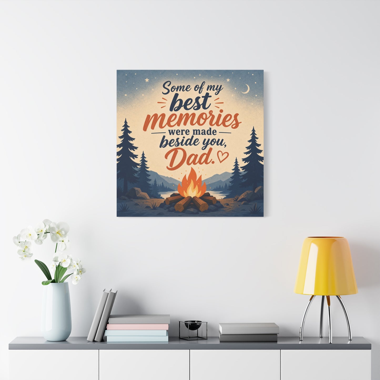 "Some Of My Memories Were Made Beside You, Dad" Canvas Wall Art - Campfire Lake Forest Quote Print - Rustic Cabin Style - Bedroom Home Decoration, Living Room Accent - Living Room Wall Decor