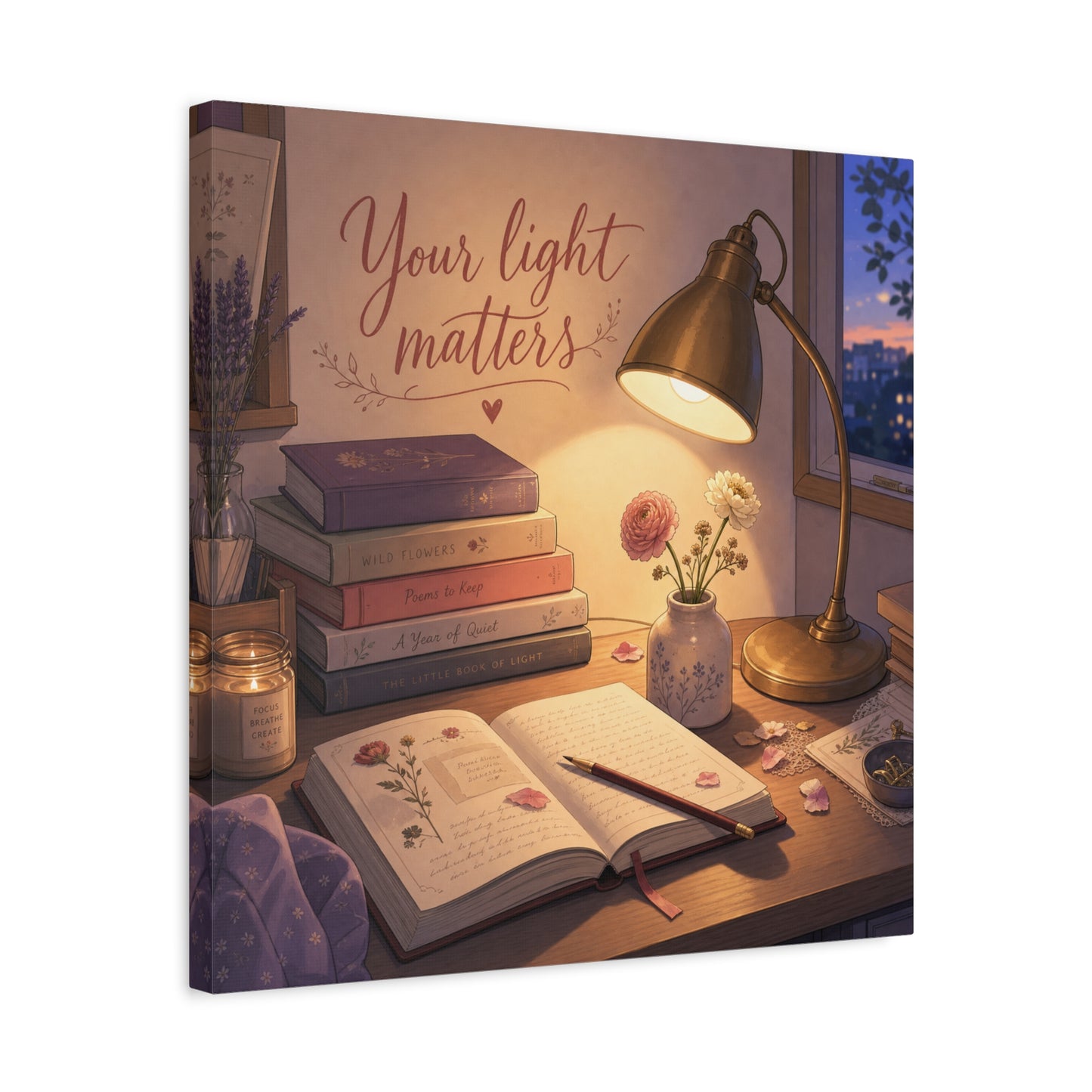 "Your Light Matters" Inspirational Canvas Wall Art - Cozy Desk Lamp Books Floral Print - Warm Vintage Bedroom Wall Decor - Reading Nook Home Decoration - Ready to Hang - Bedroom Home Decoration