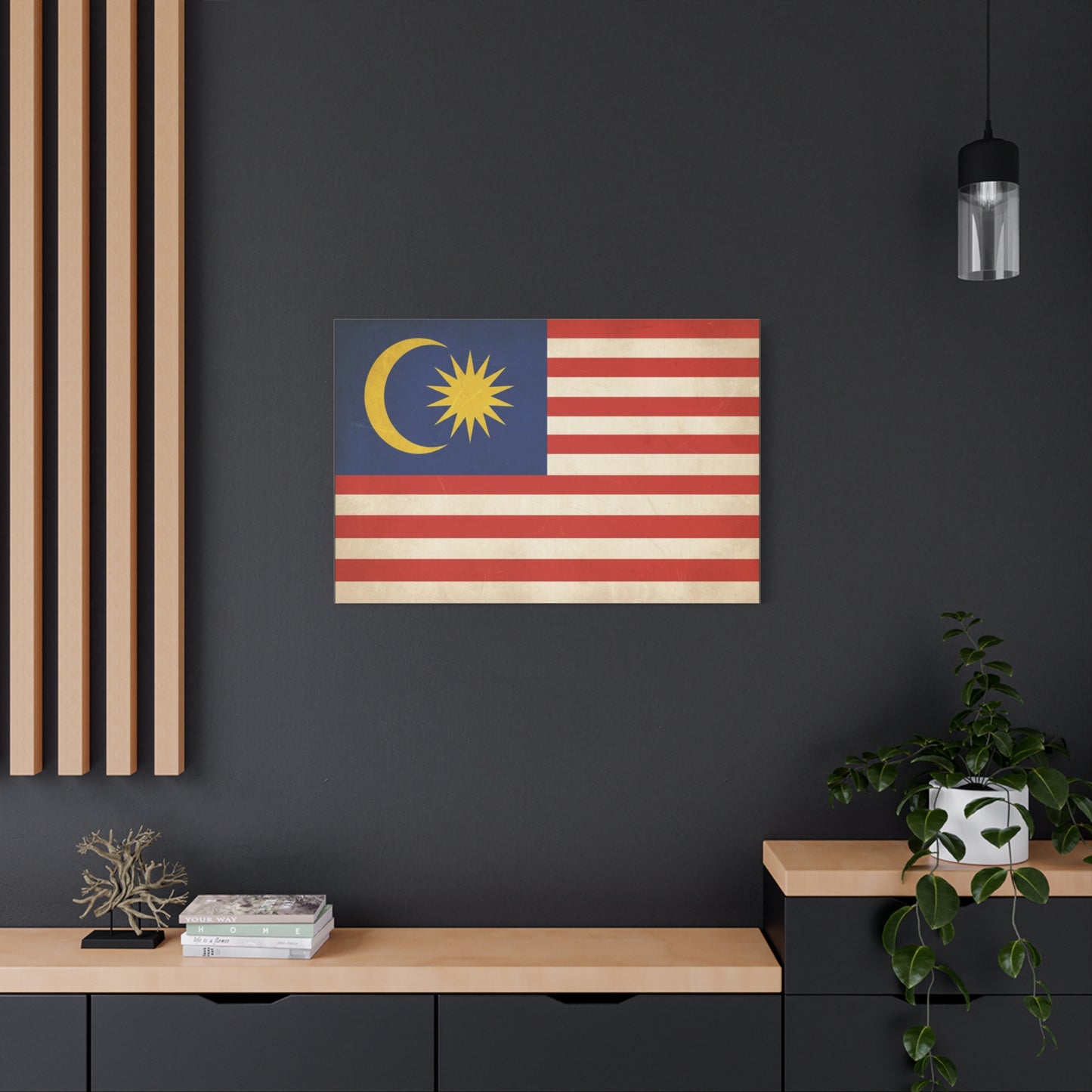 Malaysia Flag Canvas Wall Art - Vintage Malaysian Crescent And 14 Point Star Print - Patriotic Red White Blue Stripes - Cultural Heritage Decor - Living Room Office Wall Decor - Modern Farmhouse Style