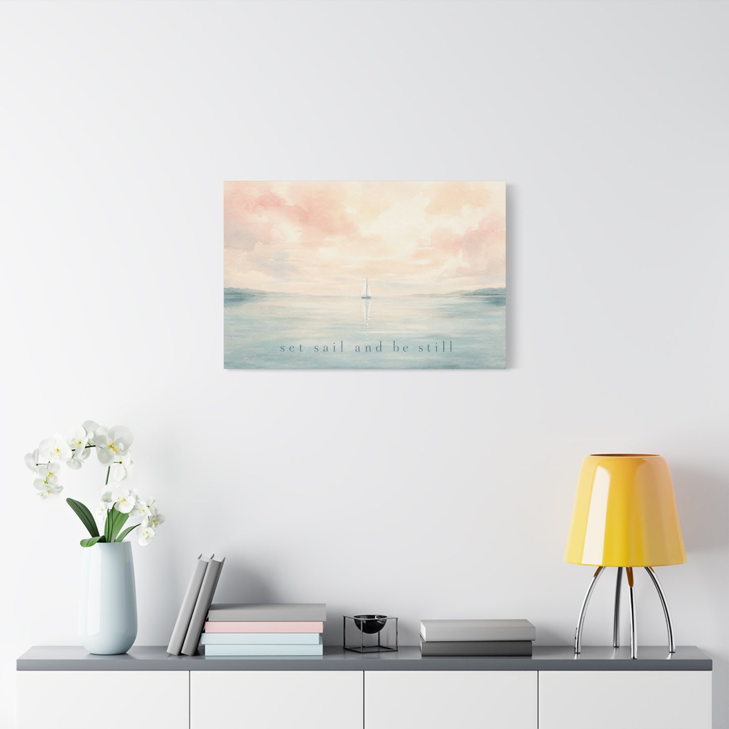 "Set Sail And Be Still" Sailboat Canvas Wall Art - Coastal Seascape Quote Print, Soft Pastel Watercolor, Serene Bedroom Decor, Living Room Wall Decor, Meditation Space Home Accent - Ready to Hang