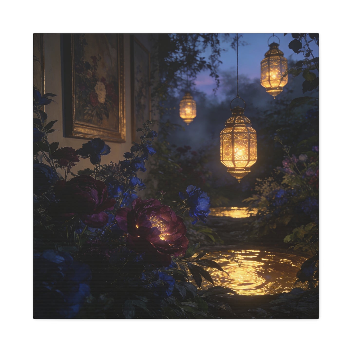 Lantern Garden Canvas Wall Art - Twilight Floral Courtyard, Glowing Water Reflections - Moody Botanical Night Scene, Matte Canvas Print - Bedroom Wall Decor, Living Room Accent - Cozy Reading Nook Art