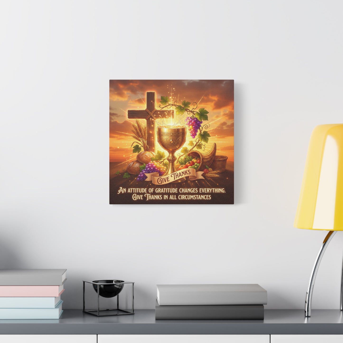 "Give Thanks" Christian Canvas Wall Art - Cross, Communion Chalice, Grapes, Bread - Gratitude Scripture Decor, Matte Cotton Print - Ready to Hang