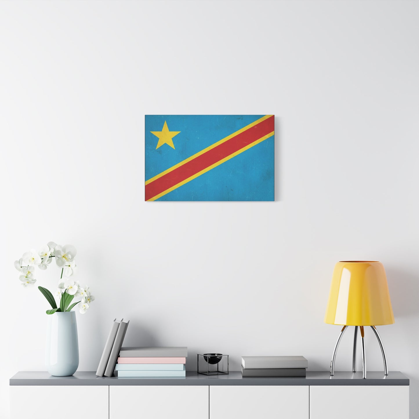 Democratic Republic Of The Congo Flag Canvas Wall Art - Vintage Patriotic Country Print, Distressed Blue Red Yellow Design - Cultural Pride Decor - Living Room Bedroom Office Accent - Office Wall Art