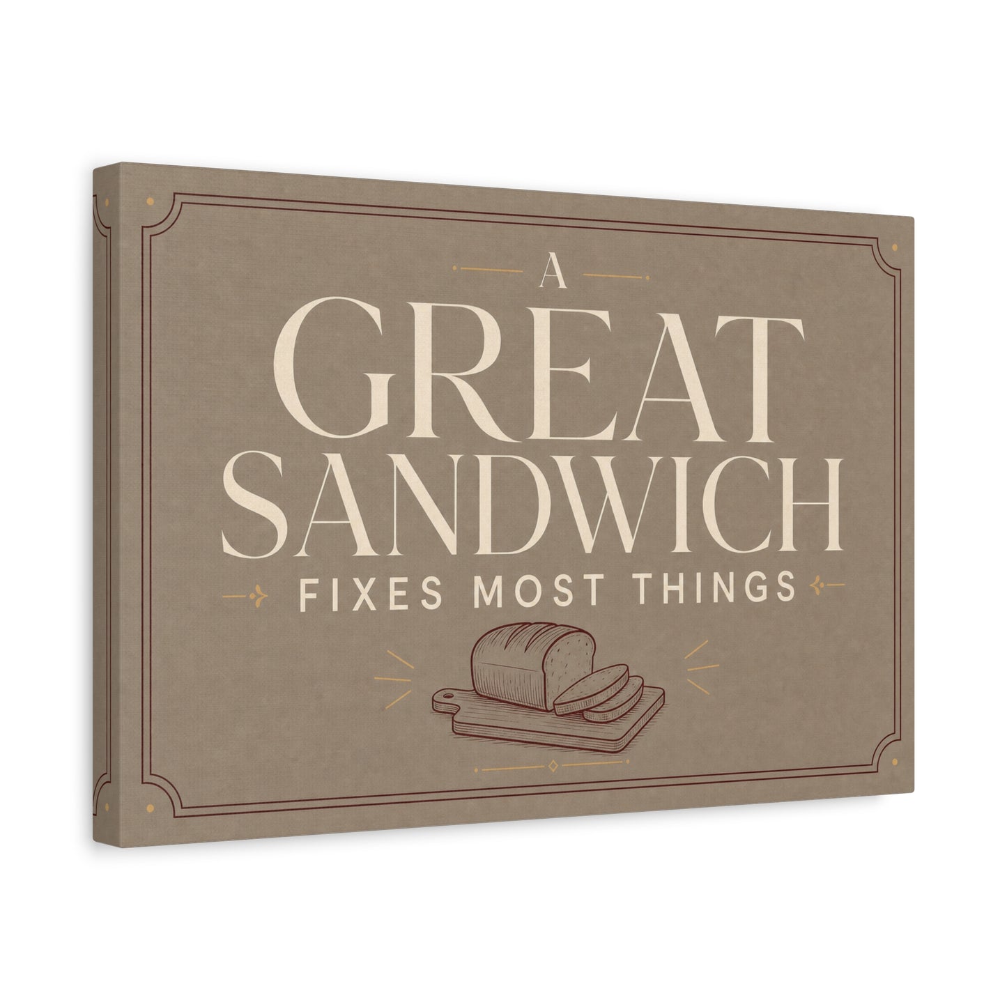 "A Great Sandwich Fixes Most Things" Canvas Wall Art - Vintage Typography Bread Illustration - Neutral Farmhouse Style - Funny Food Quote - Deli Wall Decor - Sandwich Shop Sign - Diner Decor