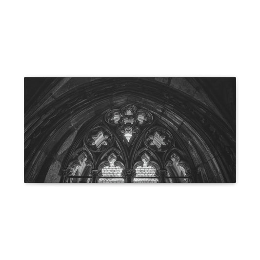 Gothic Cathedral Arch Canvas Wall Art - Black And White Architectural Art Print - Moody Stone Tracery, Matte Finish - Living Room Wall Decor, Office Art Accent - Bedroom Home Decoration